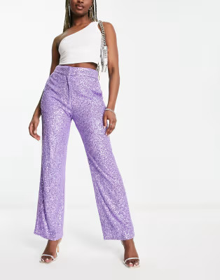 ASOS DESIGN straight sequin ankle grazer pants in purple | ASOS (Global)