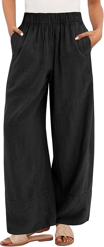 ANRABESS Women's Wide Leg Linen Pants Summer Boho Casual Elastic Waist Long Lounge Travel Pants T... | Amazon (US)