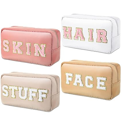 Amazon.com: 4 Pieces Nylon Cosmetic Bag Chenille Letter Cosmetic Pouch Zipper Preppy Makeup Bag W... | Amazon (US)