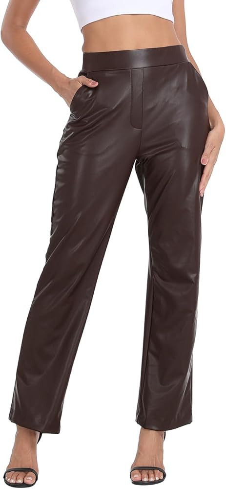 HDE Women's Pull On Faux Leather Kick Flare Pants High Waisted Pant with Pockets | Amazon (US)
