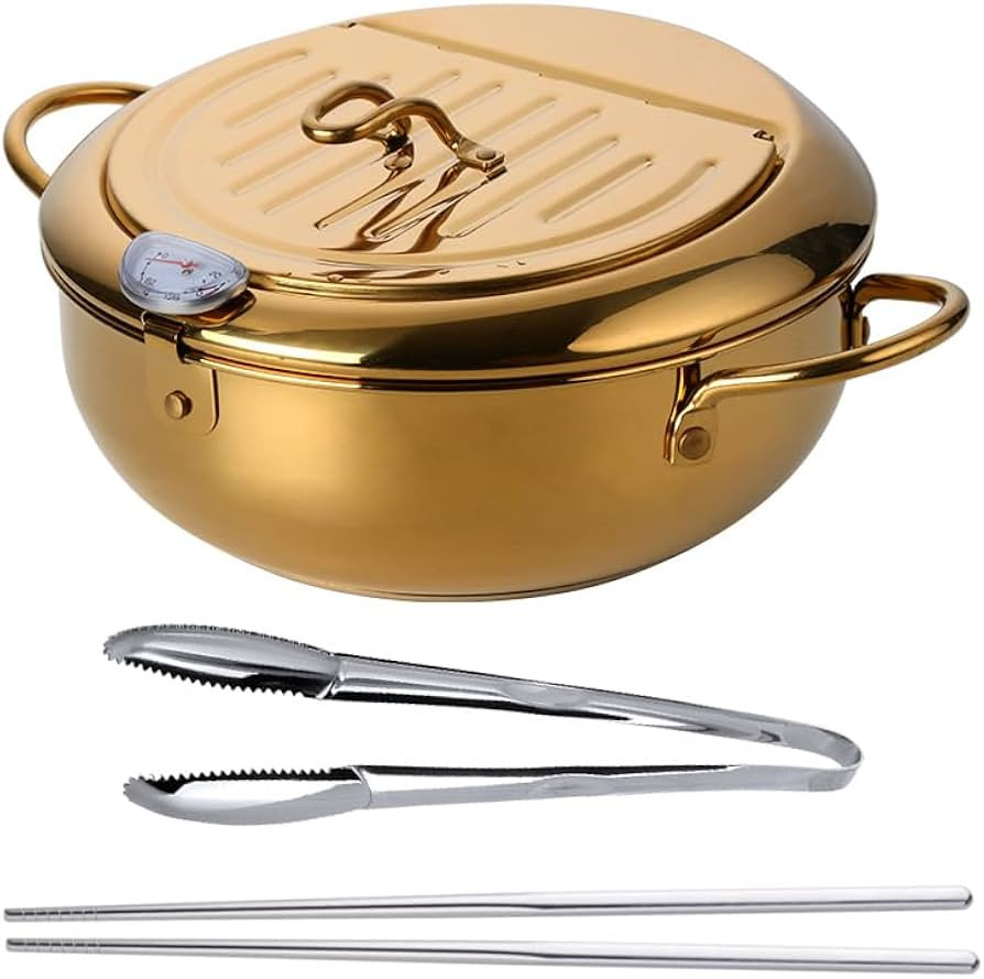 Japanese Style Tempura Frying Pot, 304 Stainless Steel Golden Deep Fryer Pot with Lid, 9.8"/2.8Qt... | Amazon (US)