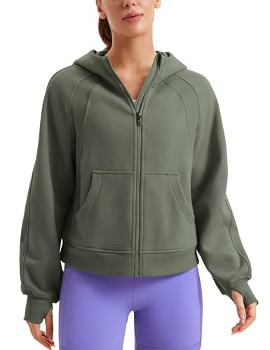 CRZ YOGA Womens Fleece Lined Full Zip Hoodies Oversized Long Sleeve Casual Workout Hooded Sweatshirt with Thumb Holes Light Army Green X-Small | Amazon (US)