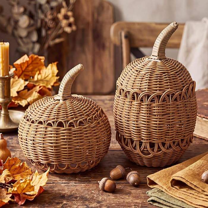Set of 2 8.86/11.8 Inch Fall Thanksgiving Rattan Pumpkin Decorations, Rustic Woven Wicker Pumpkin... | Amazon (US)