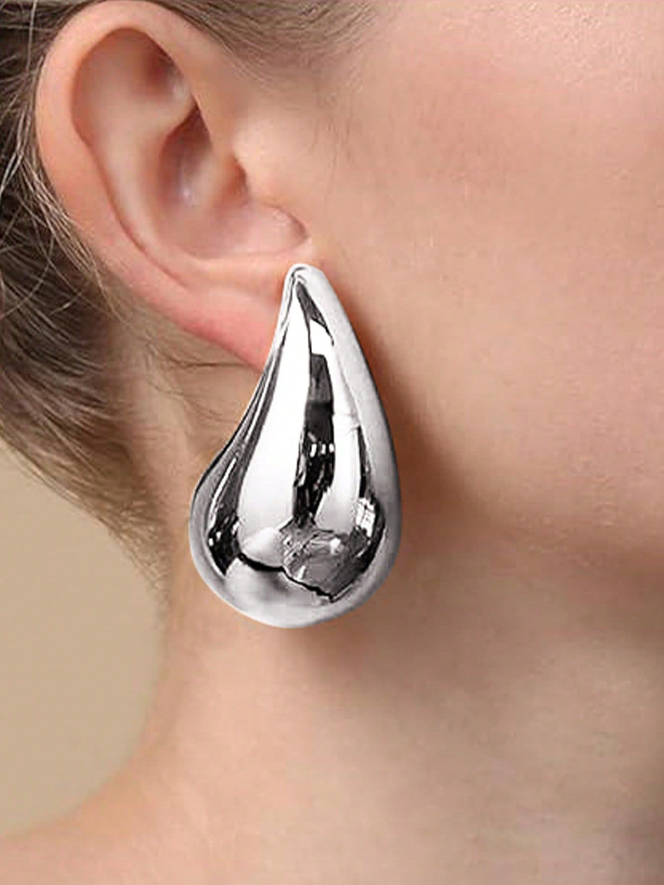 1pair Fashionable Stainless Steel Water Drop Shaped Women's Stud Earrings, Oversized Trendy Styli... | SHEIN