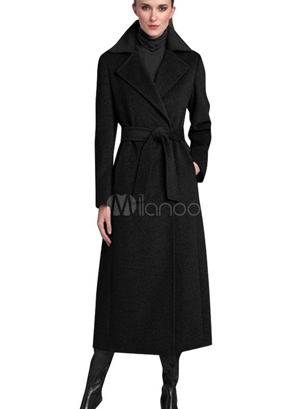 Black Winter Coat Turndown Collar Long Sleeve Slim Fit Long Wrap Wool Coat With Sash | Milanoo