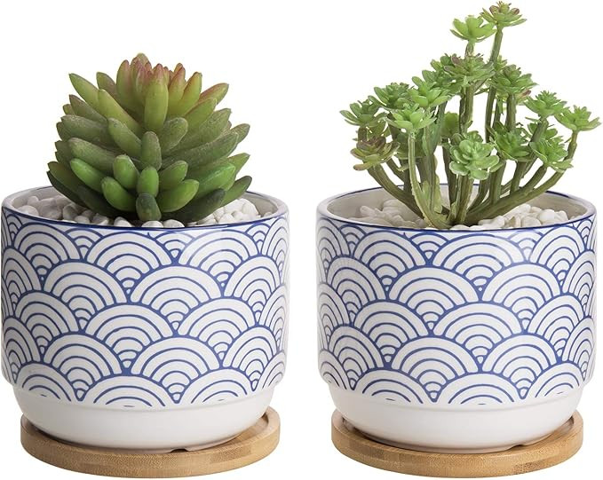 MyGift 5-inch Blue & White Japanese Style Wave Ceramic Planter with Removable Bamboo Tray, Set of... | Amazon (US)