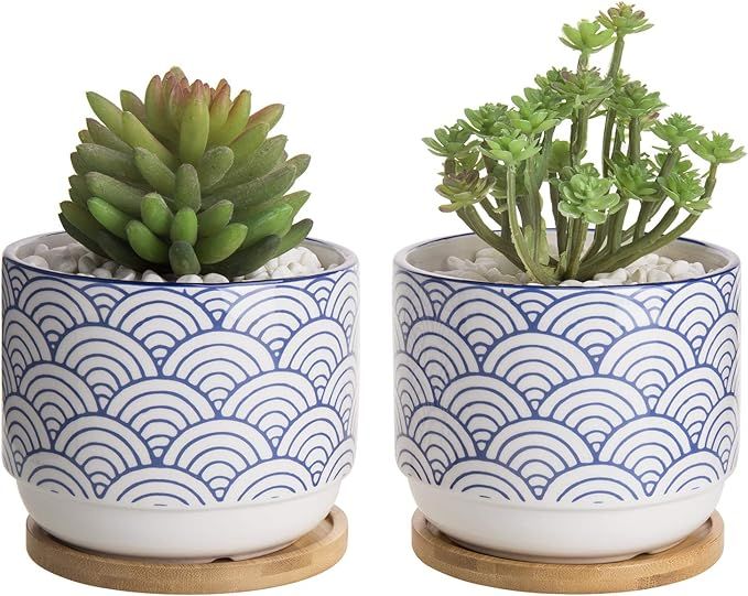 MyGift 5-inch Blue & White Japanese Style Wave Ceramic Planter with Removable Bamboo Tray, Set of... | Amazon (US)