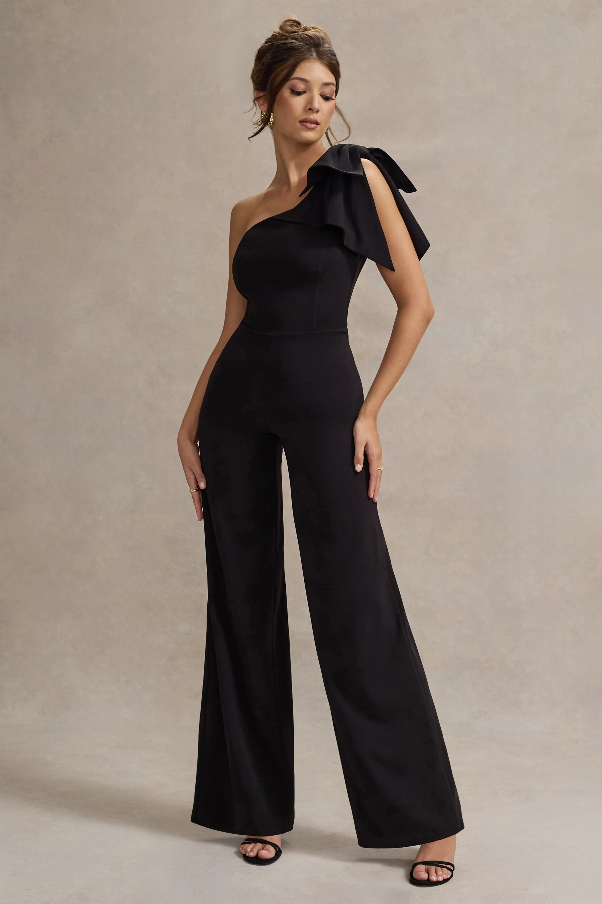 Orilla | Black One-Shoulder Wide-Leg Jumpsuit With Bow | Club L London