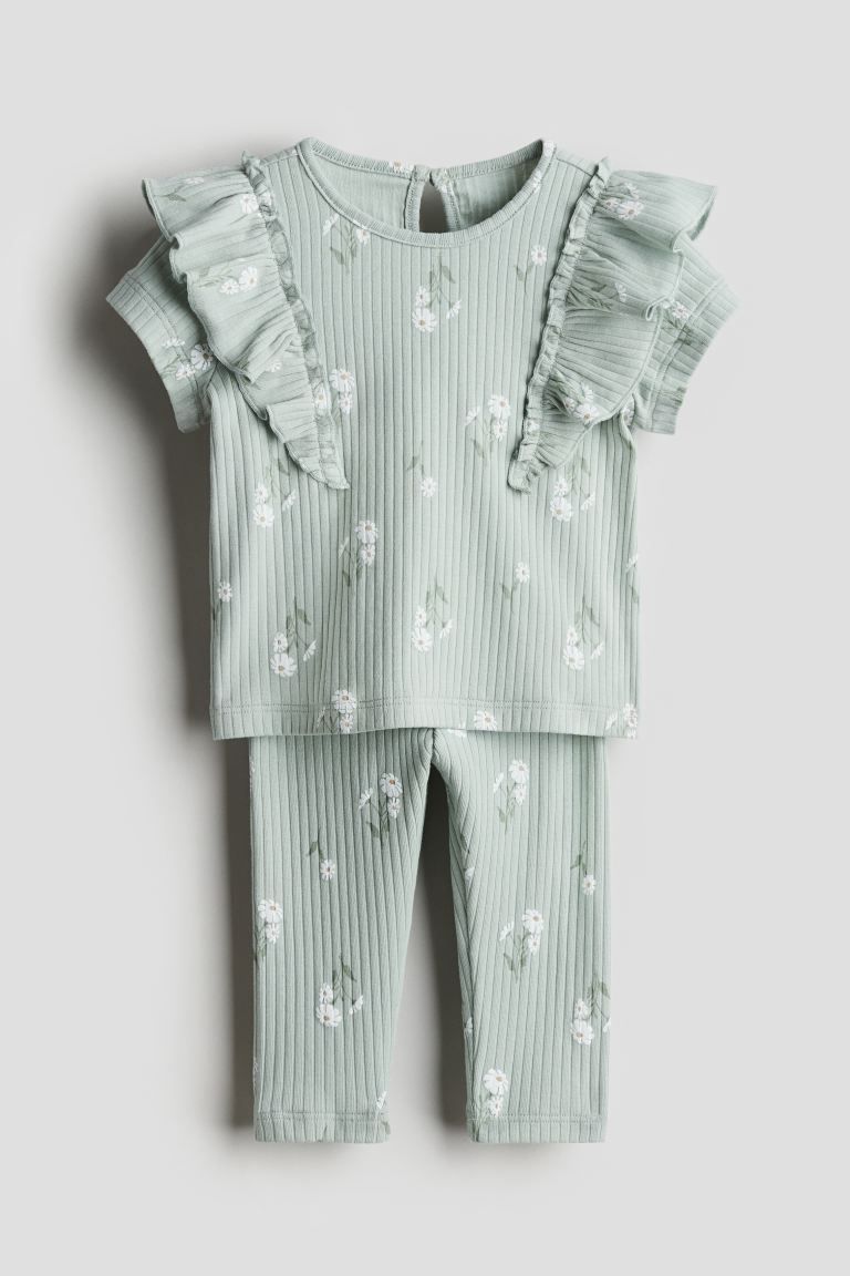 2-piece Jersey Top and Leggings Set - Light dusty green/floral - Kids | H&M US | H&M (US + CA)