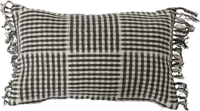 Creative Co-Op Cotton Flannel Lumbar Gingham Pattern and Fringe Pillow, 20" L x 12" W x 0" H, Bla... | Amazon (US)