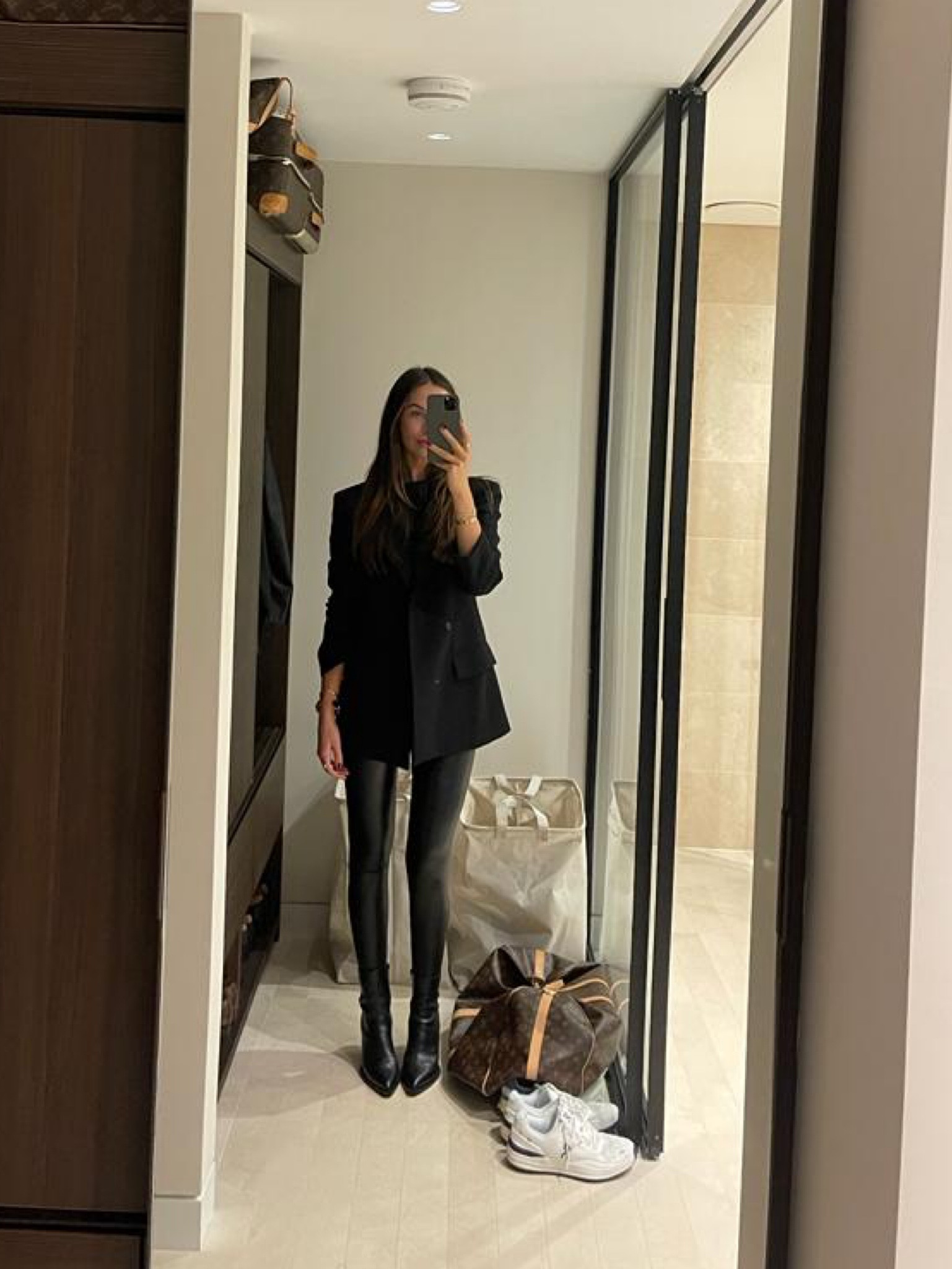 Monochrome outfit, winter outfit, fall fashion, black outfit, dinner outfit, black blazer, oversized blazer, black leggings, leather leggings, faux leather leggings, ankle boots, black boots, leather boots, pointed boots, Raey, Commando, Spanx, Whistles, M&S, COS

#LTKstyletip #LTKeurope #LTKSeasonal