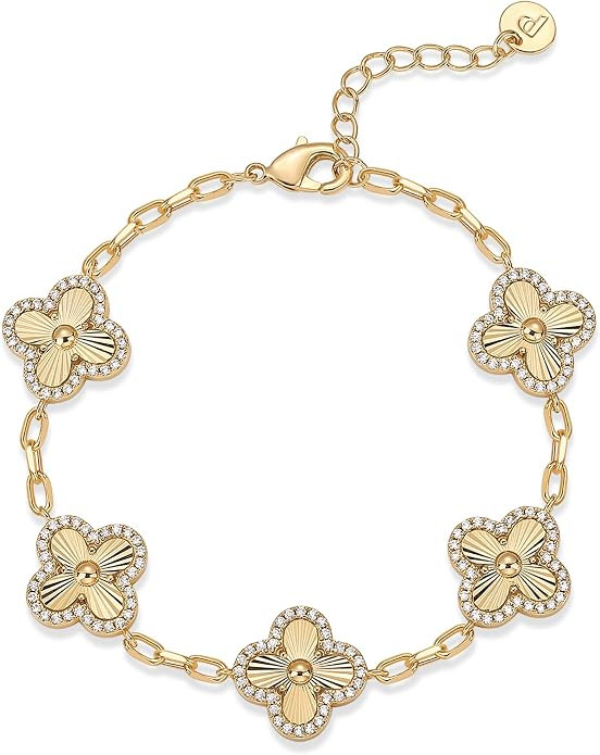 PAVOI 14K Gold Plated Clover Bracelet for Women, Stackable Clover Jewelry | Amazon (US)