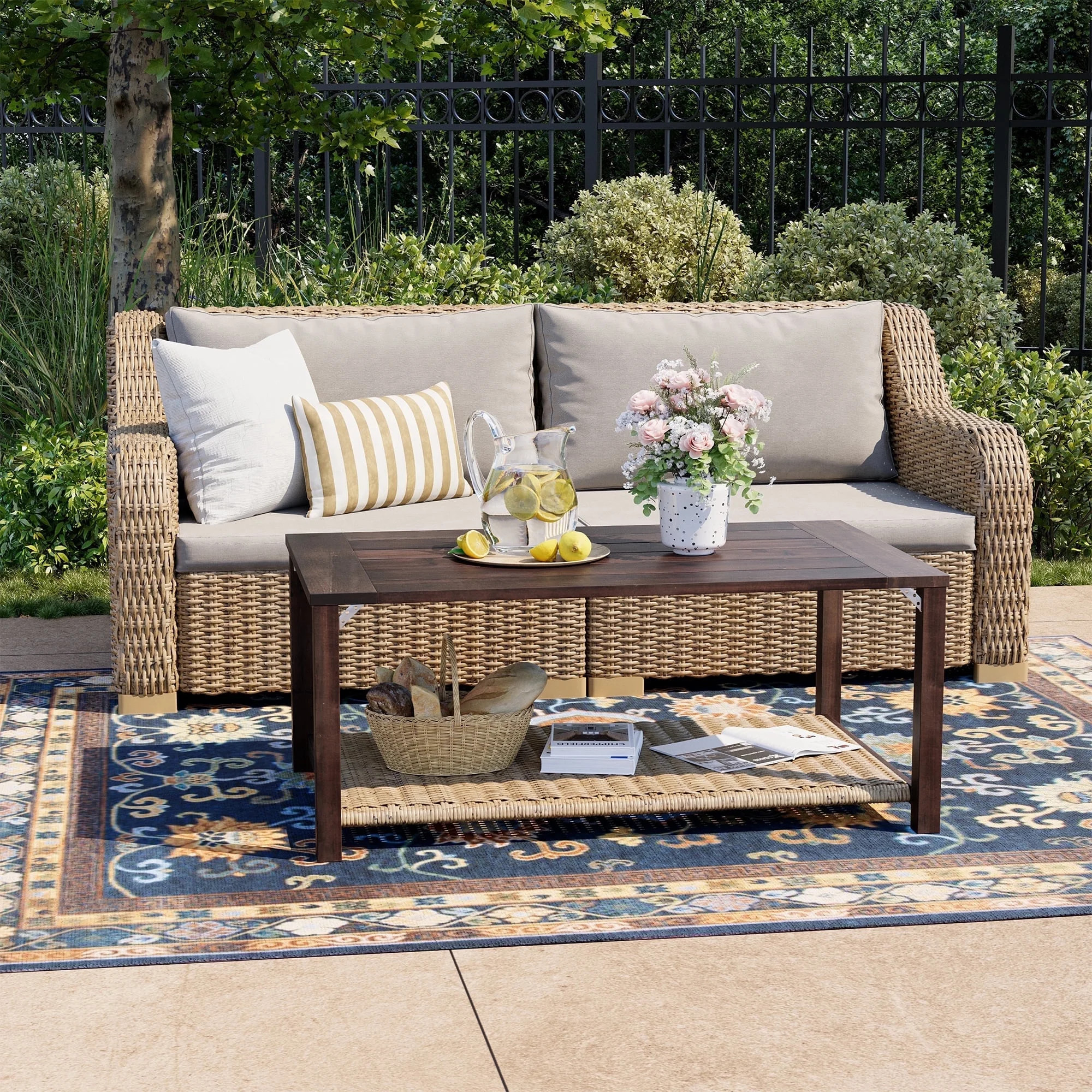 LHBCraft 3-Pieces Outdoor Patio Furniture Set, Wicker Loveseat and Coffee Table Set, with Grey Cu... | Walmart (US)