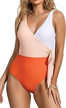 Felnart Swimsuits for Women V Neck Color Block Wrap One Piece Swimsuits Bowknot Swimwear | Amazon (US)