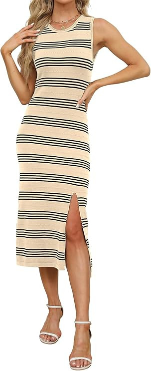 WIHOLL Womens Bodycon Summer Casual Midi Sundress Sleeveless Cute Hollow Out Knit Side Slit Strip... | Amazon (US)