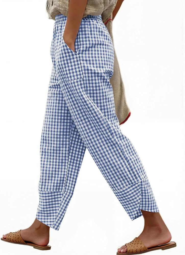 ANRABESS Womens Striped Gingham Pants Summer Lounge Cute PJ Bottom Plaid Pants Casual Wide Leg Be... | Amazon (US)