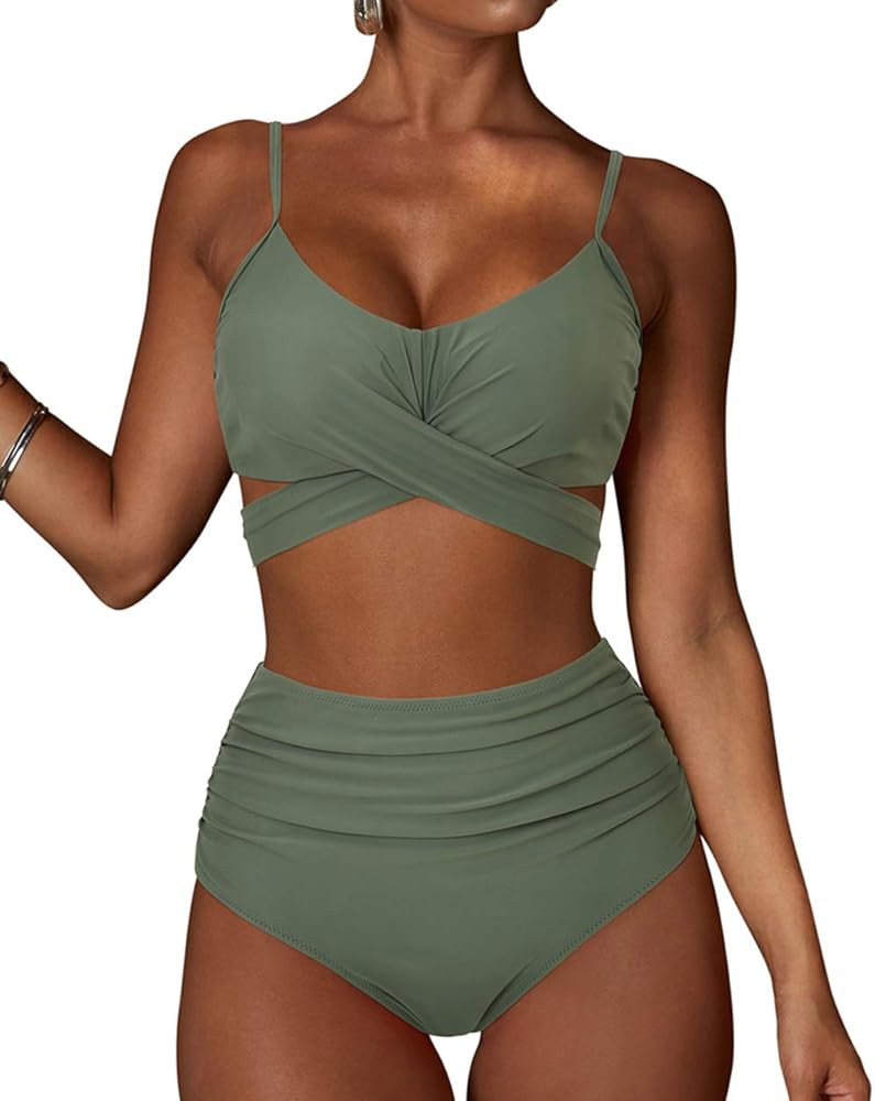 MOOSLOVER Women Leopard High Waisted Bikini Criss Cross Push Up Two Piece Swimsuits | Amazon (US)