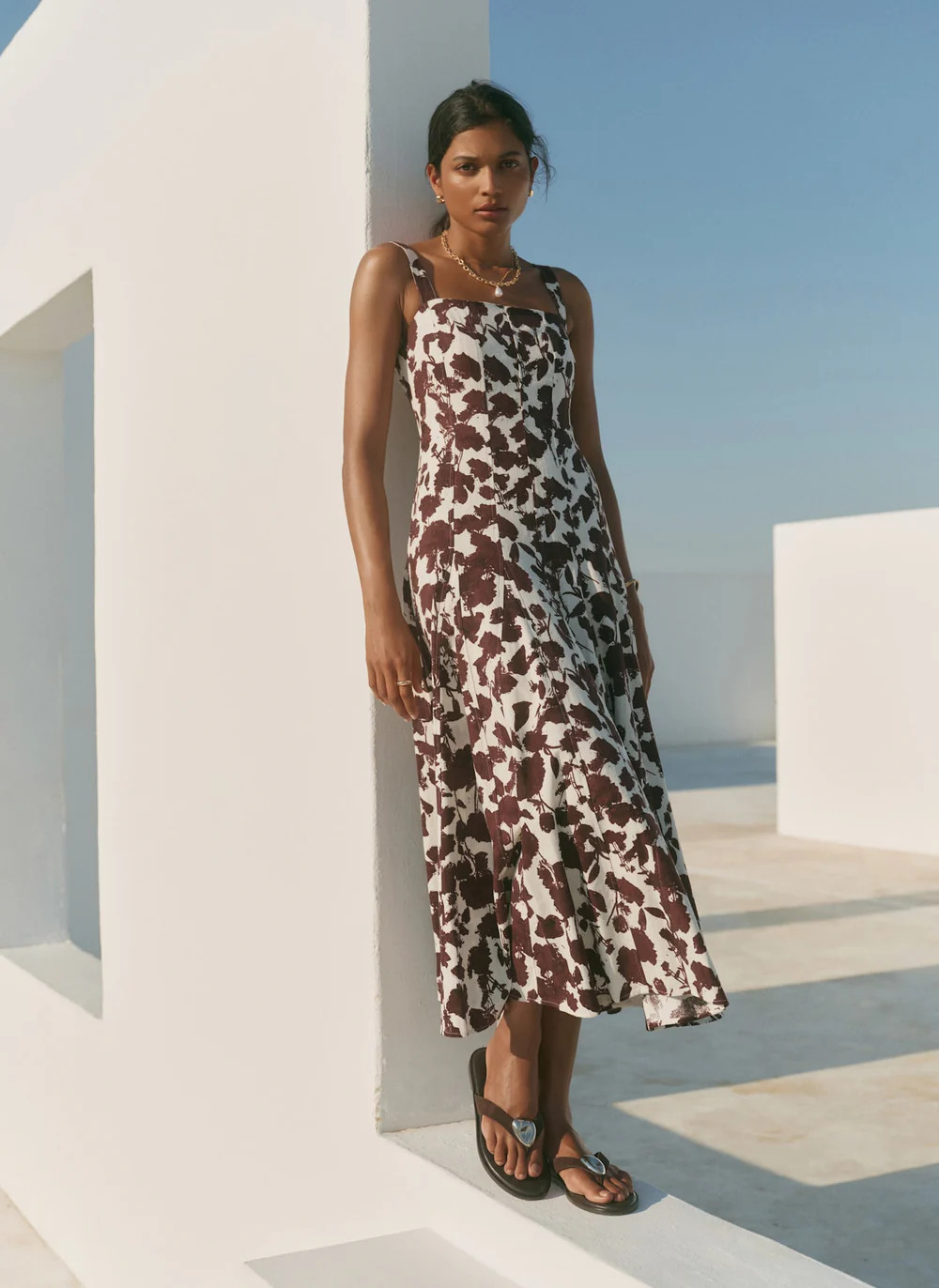 Brown Linen Blend Printed Midi Dress | Mint Velvet
