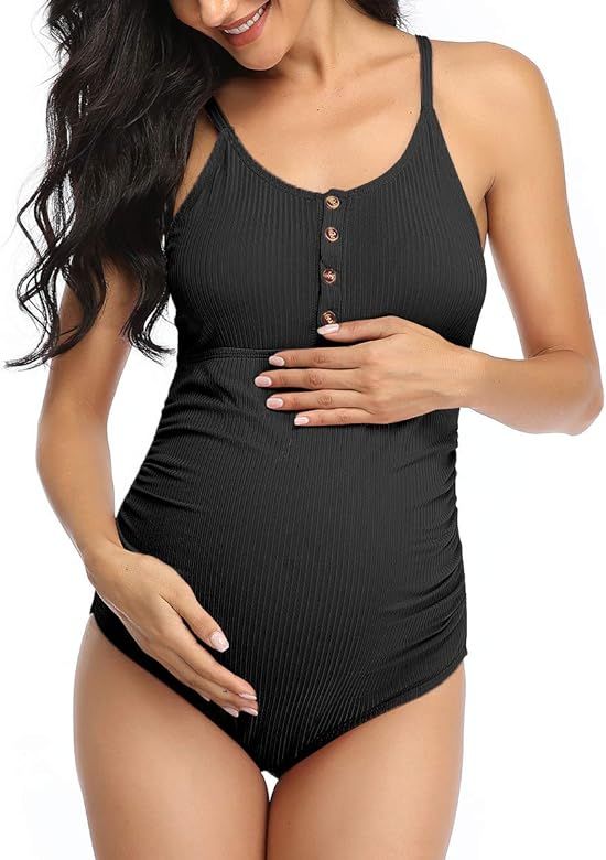 Summer Mae Maternity Swimsuit One Piece Bathing Suit Button Neck Cross Back | Amazon (US)