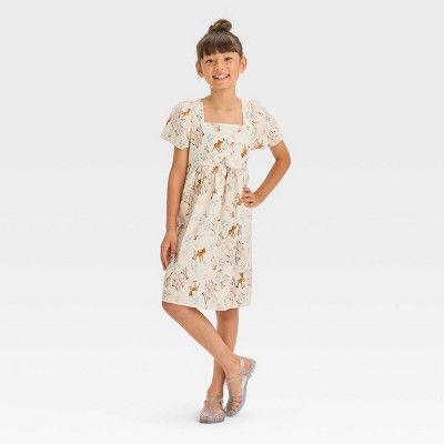 Girls'Bambi Cotton Puff Sleeve Dress - Ivory L: Disney Character Print, Square Neck, Knee-Length,... | Target