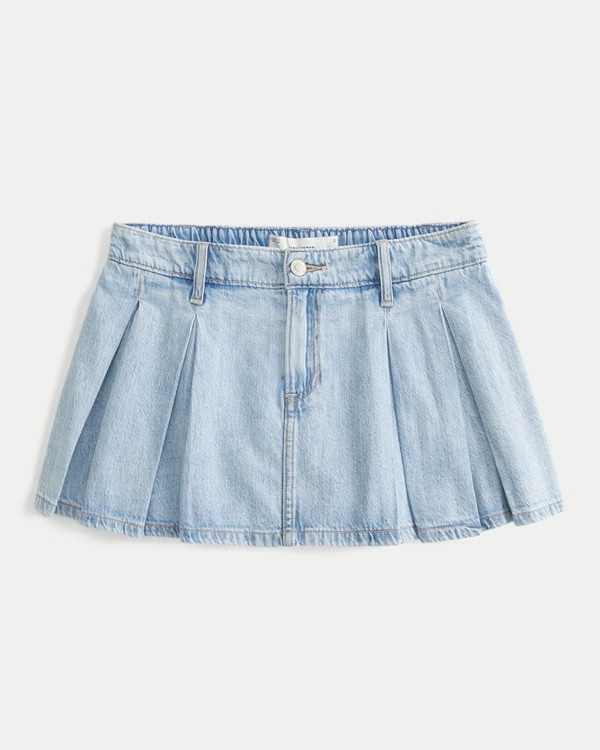 Medium Wash Pleated Denim Mini Skort | Hollister (US)