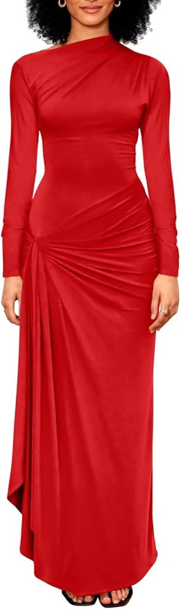 YMDUCH Women's Casual Long Sleeve Boat Neck High Split Ruched Bodycon Long Formal Dress | Amazon (US)