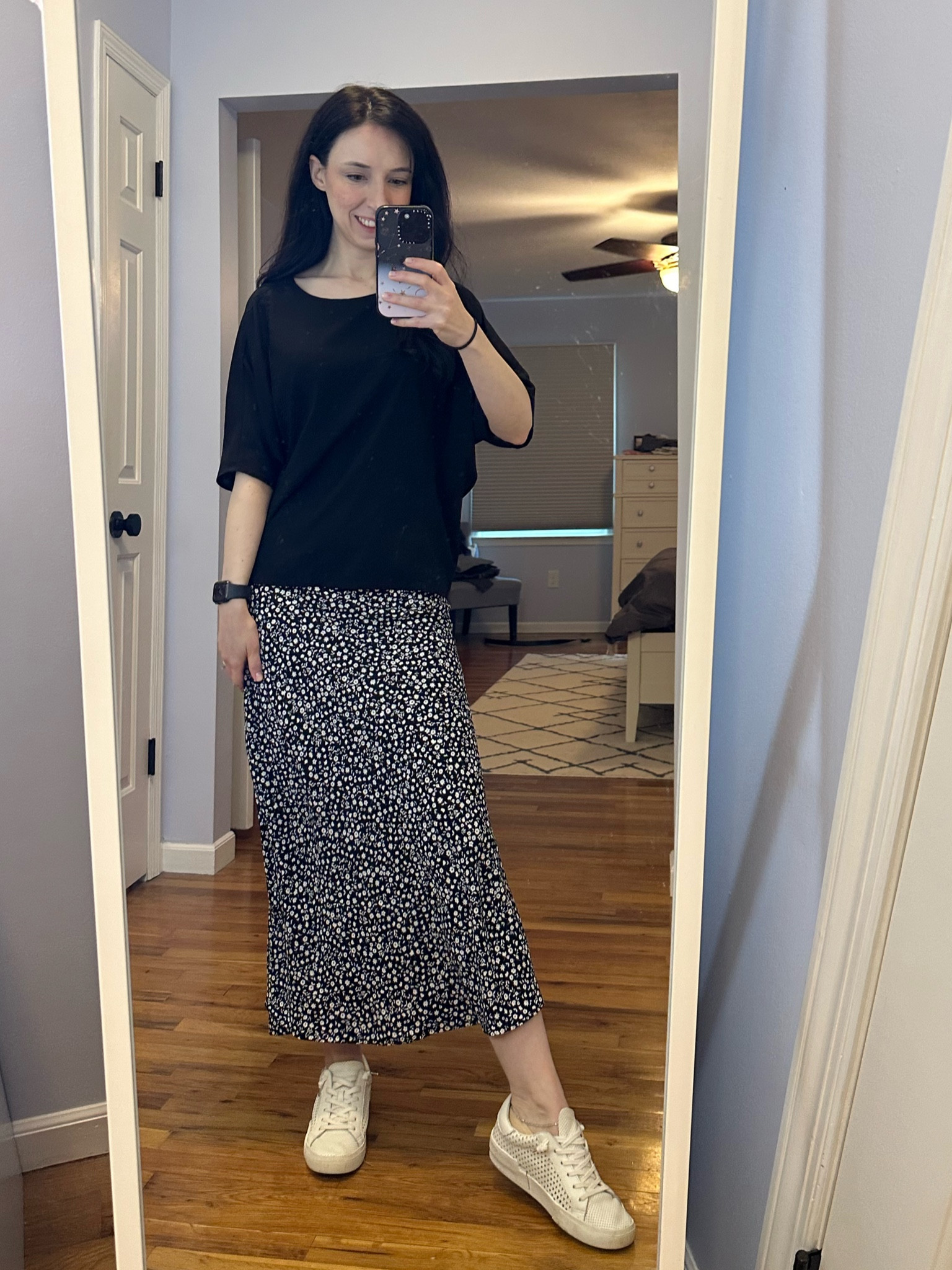 Black tee size XS
Black print skirt size S
White sneakers size 6.5

Summer outfit, work outfit, casual outfit, easy outfit, black outfit, millennial outfit, minimalist outfit 

#LTKWorkwear #LTKStyleTip #LTKFindsUnder100