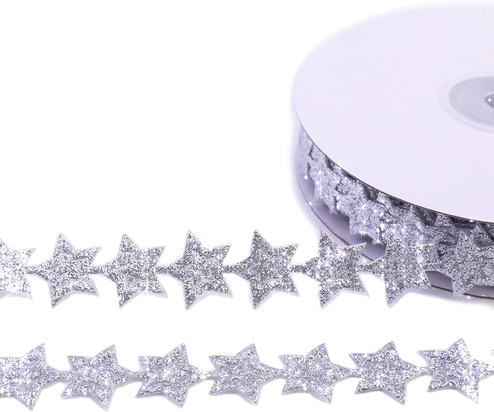 Star Ribbon Silvery Sparkly Glitter Star Ribbon Trim for Crafts Gift Wrapping Wreath DIY 1 Roll 2... | Amazon (US)