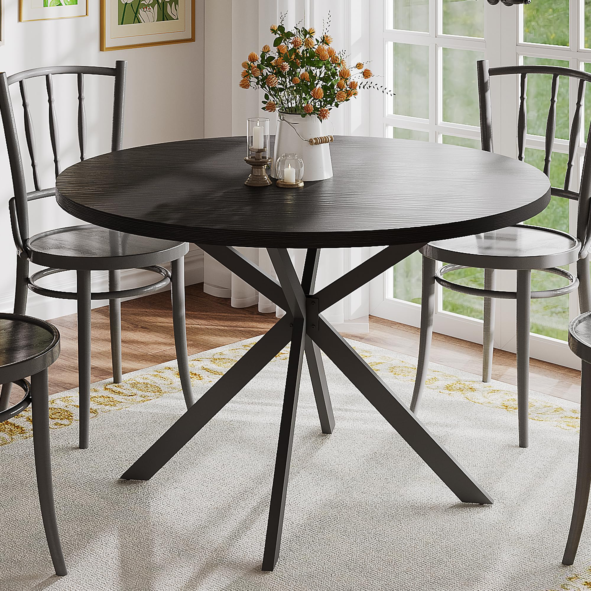 ChooChoo 47.2 Inch Round Dining Table for 4, Farmhouse Wood Kitchen Table, Circle Dinner Table for Kitchen & Dining Room, Black | Amazon (US)