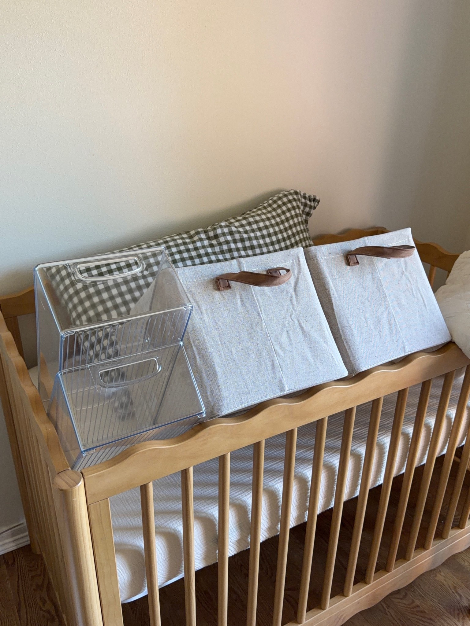 Nursery organization 👌🏼 Striped baskets and large one both are collapsible, hangers are perfect size for baby. Loving these baskets for diapers, wipes + books! 
#nursery #organization #bresheppard #basket #babyprep #nesting

#LTKBaby #LTKBump