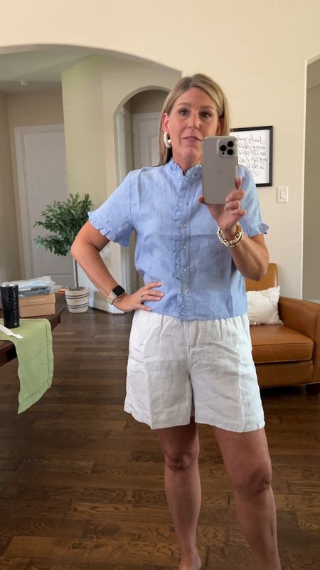 Linen ruffled top. Runs tts. White pullon linen shorts. Fully lined. Run true to size with a roomy fit. 

#LTKStyleTip #LTKFindsUnder100 #LTKVideo