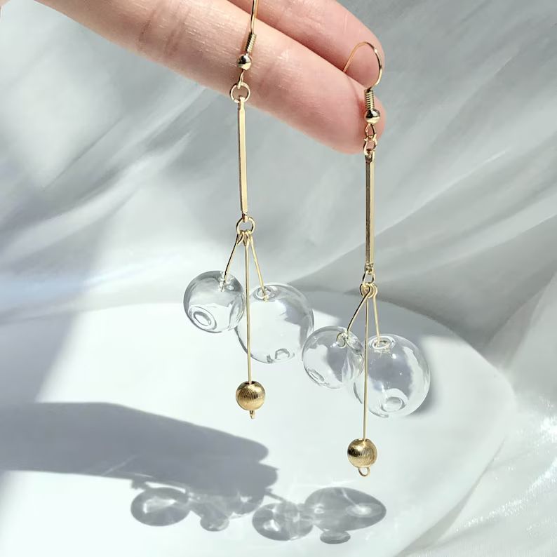 Handmade Clear Glass Ball Drop Earring, Long Glass Bubble Bead Earring, Statement Glass Ball Drop... | Etsy (US)