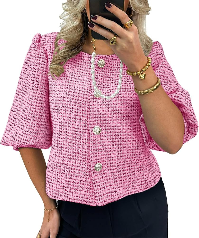 Cicy Bell Womens Cropped Tweed Blazers Puff Short Sleeve Crew Neck Button Business Casual Suit Ja... | Amazon (US)