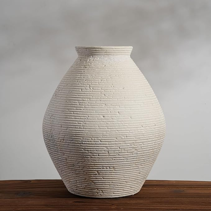 Large White Distressed Ceramic Vase, 11.8 Inch Rustic Ribbed Textured Floor Vase for Living Room ... | Amazon (US)