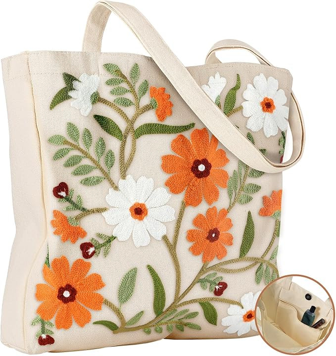 Embroidery Canvas Tote Bag for Women - Reusable Totes with Pocket & Buckle Aesthetic Cute Grocery... | Amazon (US)