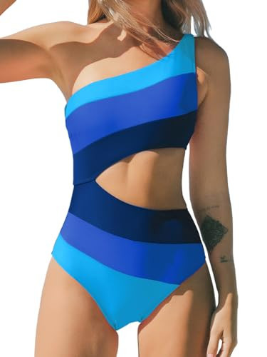 CUPSHE Women's One Piece Swimsuit One Shoulder Bathing Suit Cutout Color Block Swimwear S, Blue | Amazon (US)