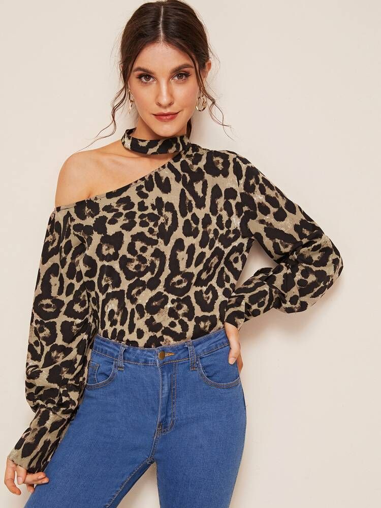 Leopard Print Asymmetrical Neck Halter Top | SHEIN