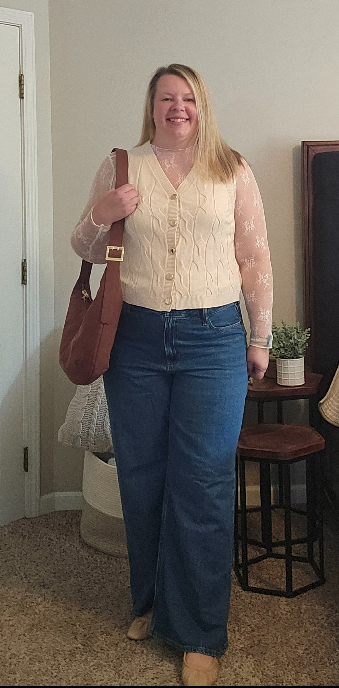 This sweater vest is a size XXLLace long sleeve top XXLWide leg denim size 34Mules size 11Fall fashion. Suede bag. Elevated basics. Fall transition. Wide leg jeans. Sweater vest.  

#LTKStyleTip #LTKFindsUnder50 #LTKOver40