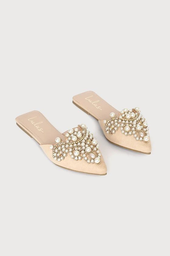 Flora Beige Suede Pearl Embroidered Pointed-Toe Flats | Lulus (US)
