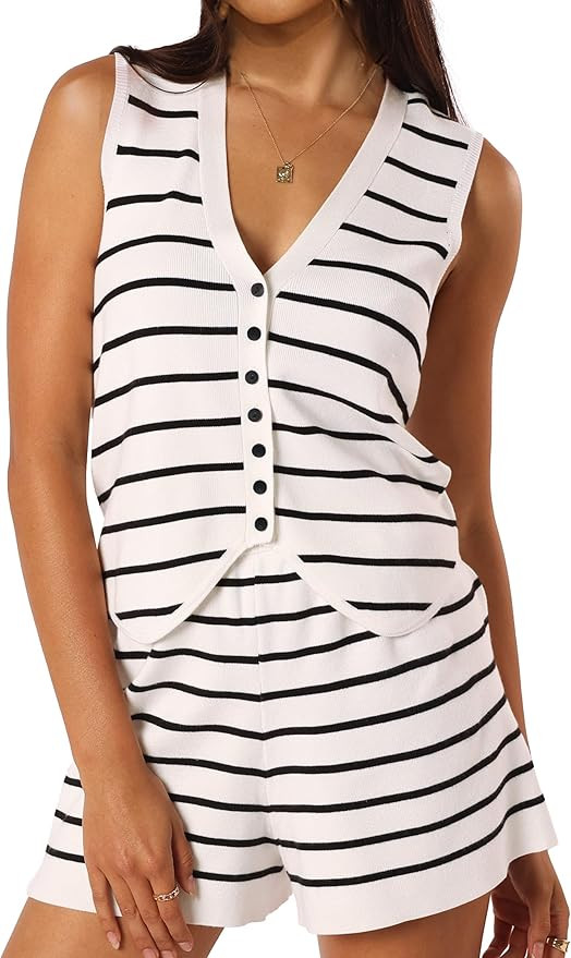 SuperPrity 2 Piece Sets for Women Summer Striped Lounge Sets Sleeveless Knit Matching Short Set T... | Amazon (US)