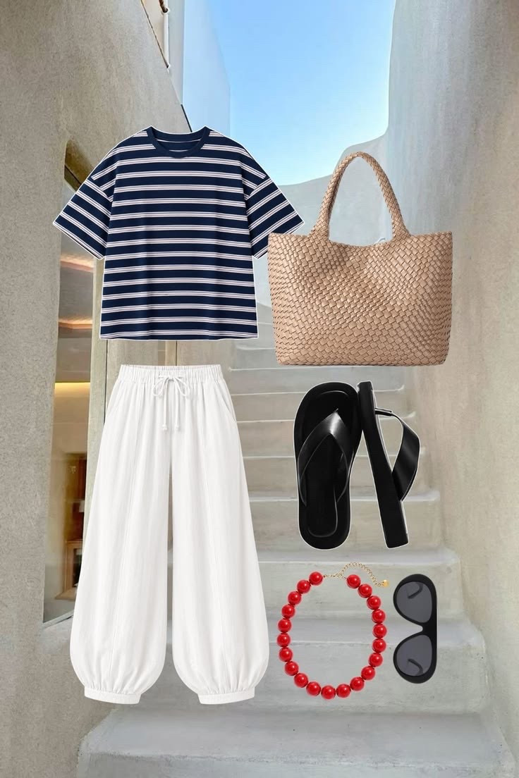 An easy travel-day look that doesn’t sacrifice style. The striped tee and relaxed white pants keep it comfortable, while the woven tote, black sandals, bold necklace and oversized sunglasses make the whole outfit feel polished and intentional.

#LTKootd #LTKTravel #LTKPetite