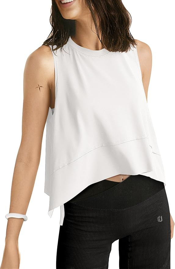 UEU Cropped Tank Tops for Women, Yoga Workout Athletic Shirts, Summer Flowy Split Side Slit Overs... | Amazon (US)