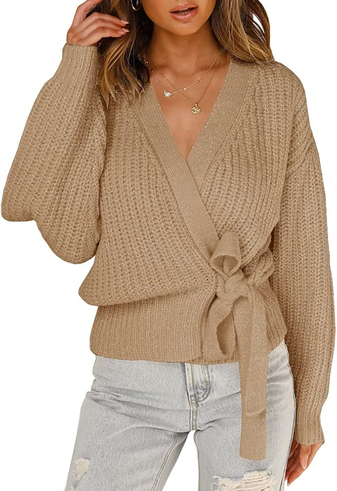 Foshow Womens Wrap Long Batwing Sleeve Sweaters Tops V Neck Belted Waist Tie Front Pullover Sweat... | Amazon (US)