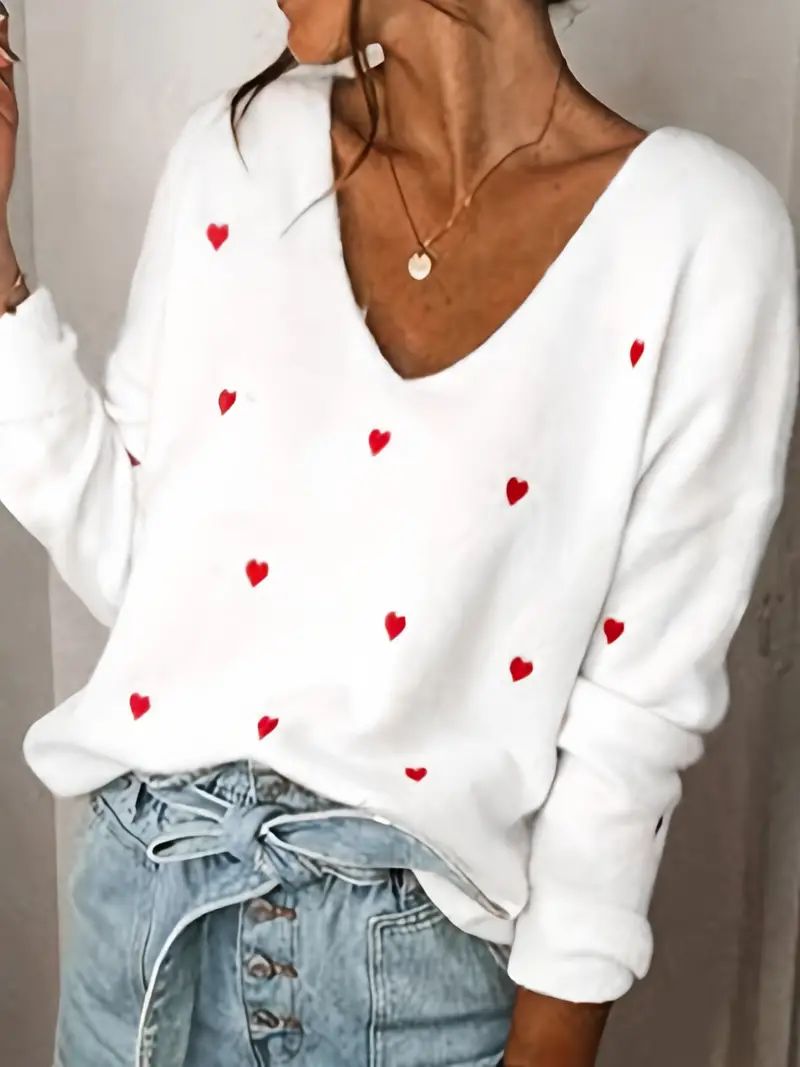 Heart Pattern V Neck Sweater Casual Long Sleeve Sweater - Temu | Temu Affiliate Program