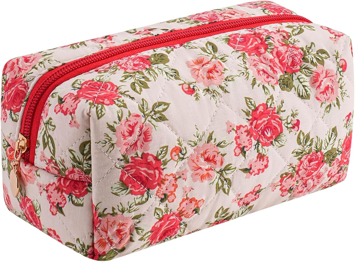 Cute Rose Pattern Floral Cotton Makeup Cosmetic Bag for Women Girls, Travel Quilted Zipper Make U... | Amazon (US)