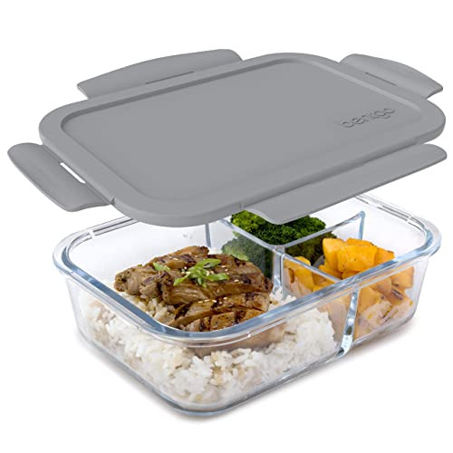 Bentgo Glass Lunch Box - Leak-Proof Bento-Style Food Container with Airtight Lid and Divided 3-Compartment Design - 5 Cup Capacity for Meal Prepping, and Portion-Controlled Meals for Adults (Gray) | Amazon (US)