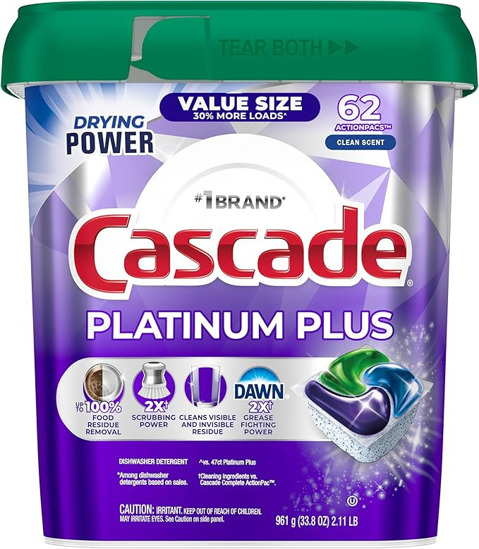 Cascade Platinum Plus Dishwasher Pods, Dish Detergent Soap, Clean Scent, 62 Count | Amazon (US)