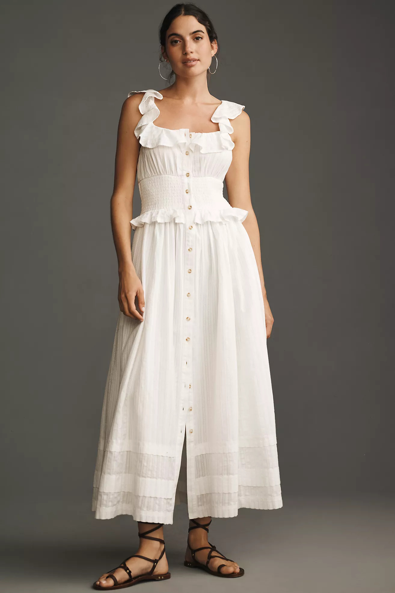 Pilcro Ruffled Smocked-Waist Button-Front Midi Dress | Anthropologie (US)