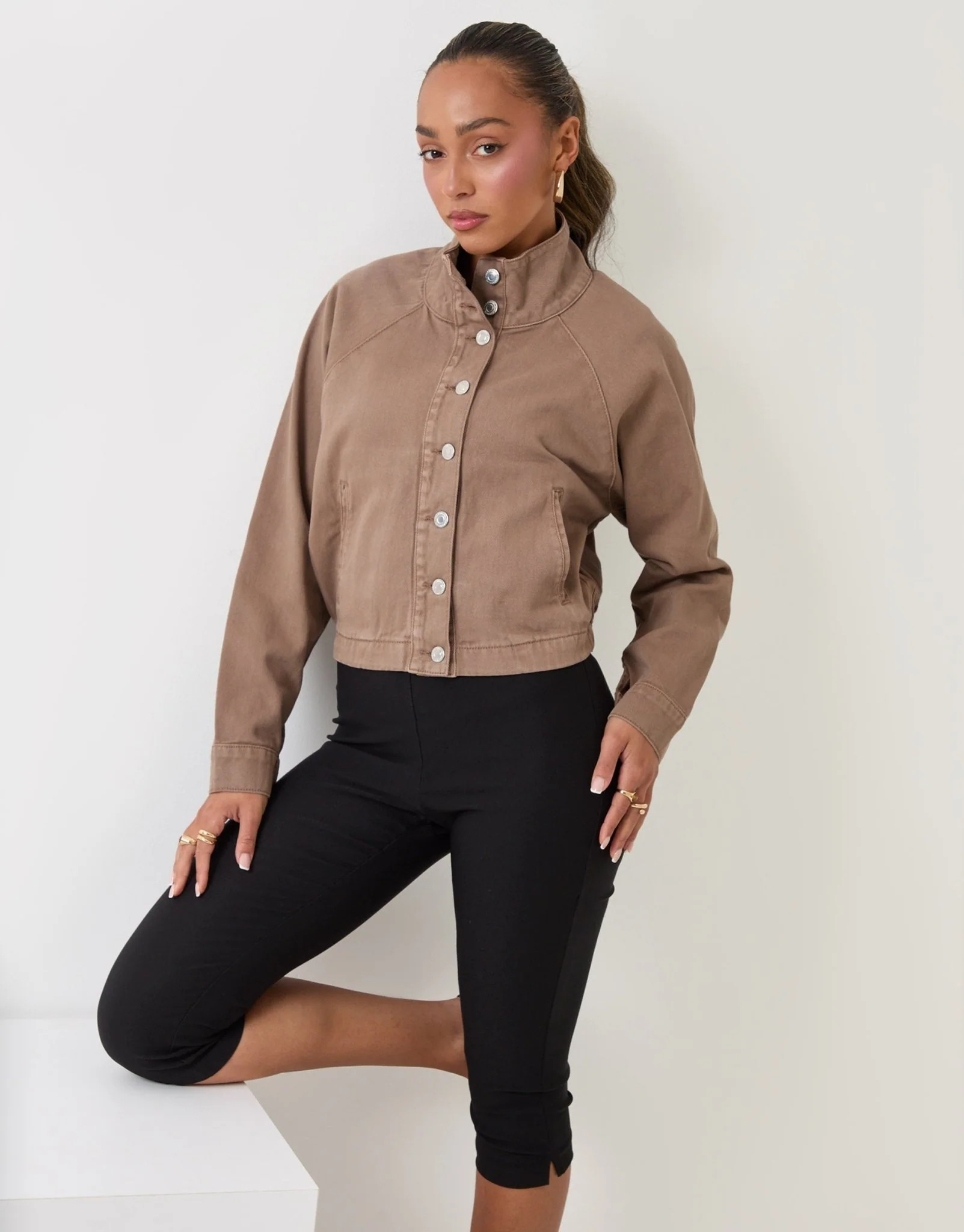 Denim Bomber Jacket in Mocha Brown | Threadbare UK