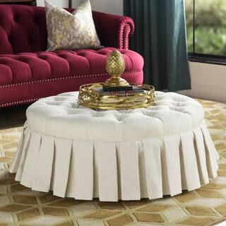 Luciana Antique White Tufted Footstool Cocktail Ottoman with Skirt | The Home Depot